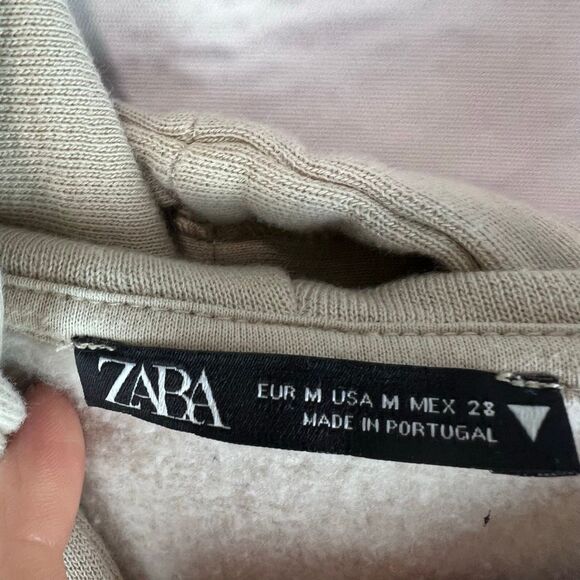 Zara Cropped Hoodie Sweatshirt Beige Taupe Boxy Pullover Size M - Picture 4 of 9